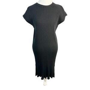 Eileen Fisher System Rib Knit Sweater Dress Black Cap Sleeve Shift Size M